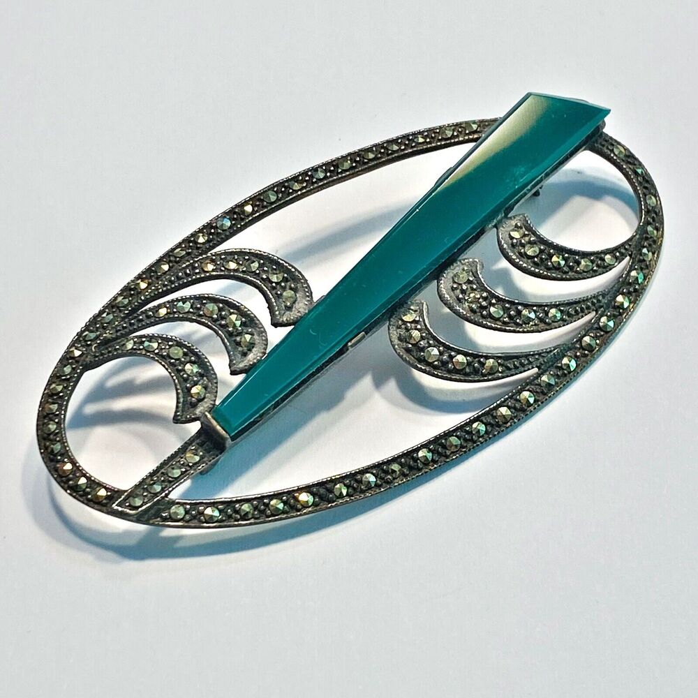 Vintage Art Deco Brooch Green Stone 925 Silver Marcasite Oval Statement Jewelry